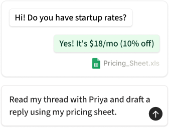A WhatsApp thread asking about startup rates, answered with $18/mo and the pricing sheet attached, above the prompt that produced it.