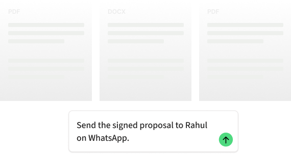 PDF, PNG, DOCX and XLS file tiles marked delivered successfully, above the prompt that sent the proposal.