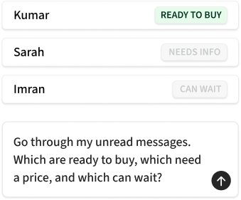 Three unread contacts triaged as ready to buy, needs info, and can wait, above the prompt that sorted them.